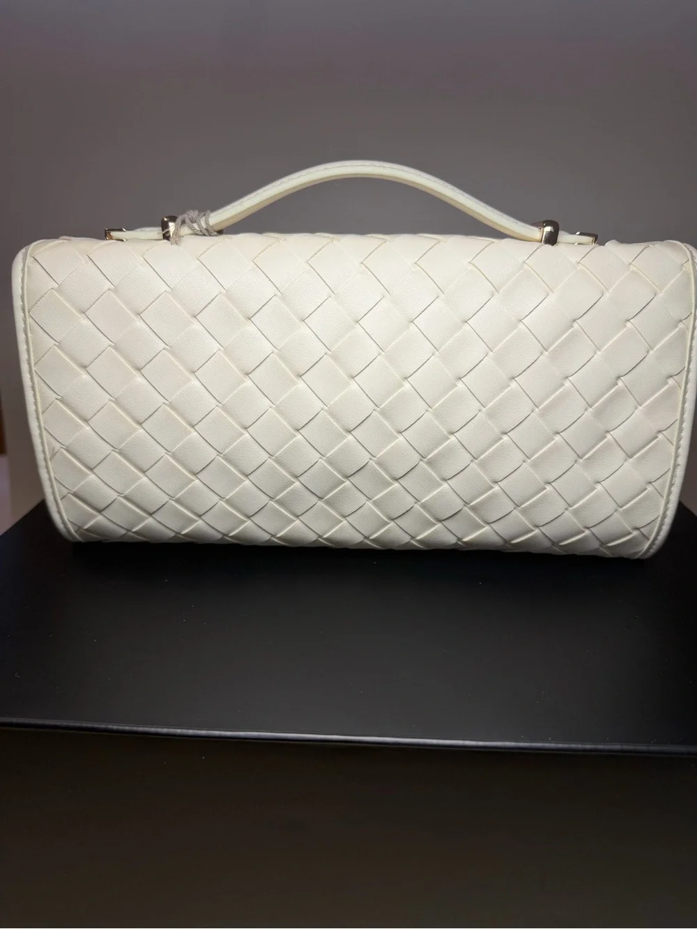 a new day Cream Woven Top-Handle Clutch with Gold Hardware